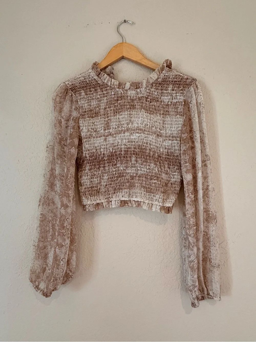 Women’s Smocked Long Sleeve Beige Crop Top